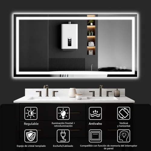 Miniatura 2 de Espejo de baño LED de 30 x 48 pulgadas con luces, regulable, antivaho, espejo de tocador de baño para pared, retroiluminado + luz frontal, función