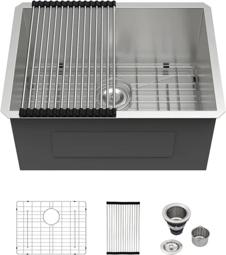 Miniatura 28 de Logmey Fregadero de cocina de montaje inferior de 33 pulgadas 33x19 Fregaderos de acero inoxidable SUS304 calibre 16 hechos a mano de un solo
