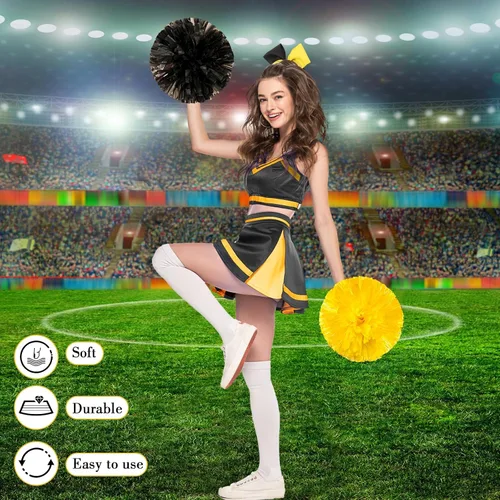 Miniatura 5 de Set de 3 pompones de animadora de 30 cm y gran sujetador de moño de cola de caballo para niña, grandes pompones metálicos de animadora para el Negro