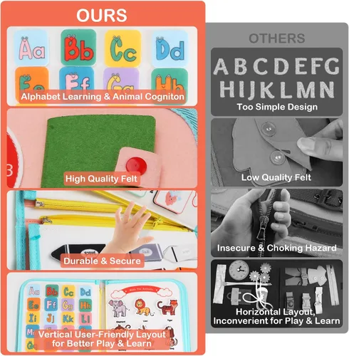 Miniatura 7 de Teefrye Tablero Montessori para niños pequeños de 1 a 3 años de edad, tablero de actividades educativas, juguetes sensoriales de viaje, de 2 a 4 Rosa