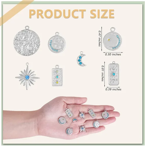 Miniatura 2 de 14 dijes de estrella de luna 304 de acero inoxidable con diamantes de imitación colgantes para manualidades, joyas, collares, aretes, suministros