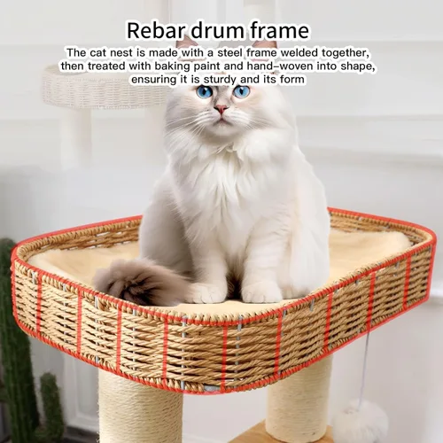 Miniatura 6 de Torre de árbol de madera para gatos con cápsula espacial, nido de cesta tejida a mano, juguete de plumas, bolas colgantes, postes de sisal, escalada