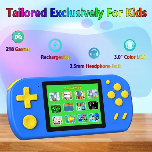 Miniatura 2 de Juegos de mano para niños con 218 juegos de video incorporados, juguetes de viaje portátiles para niños de 4 a 13 años con batería recargable, Azul