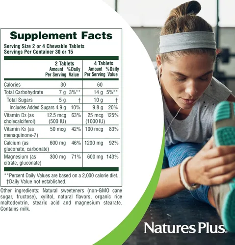 Miniatura 5 de NaturesPlus Calcio/Magnesio/Vitamina D3 con Vitamina K2 – 60 tabletas masticables – Apoya la salud ósea e inmunológica – Sabor vainilla – Sin gluten