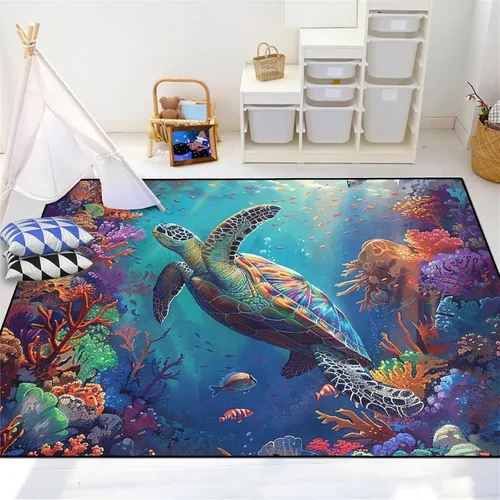 Miniatura 10 de Alfombra de tortuga marina con estampado de animales marinos y animales marinos, alfombra con estampado de tortugas marinas, para niños y niñas