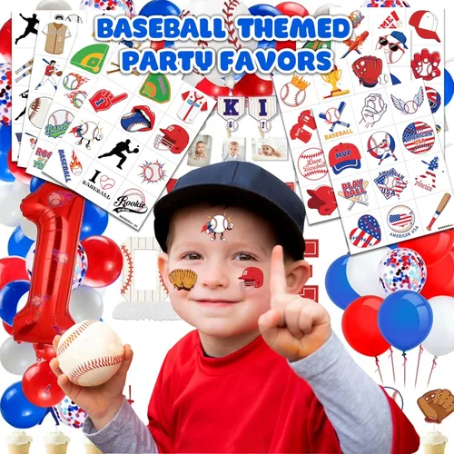 Miniatura 2 de 120 tatuajes temporales precortados para deportes de béisbol para niños Recuerdos de fiesta de cumpleaños con temática de béisbol súper lindos