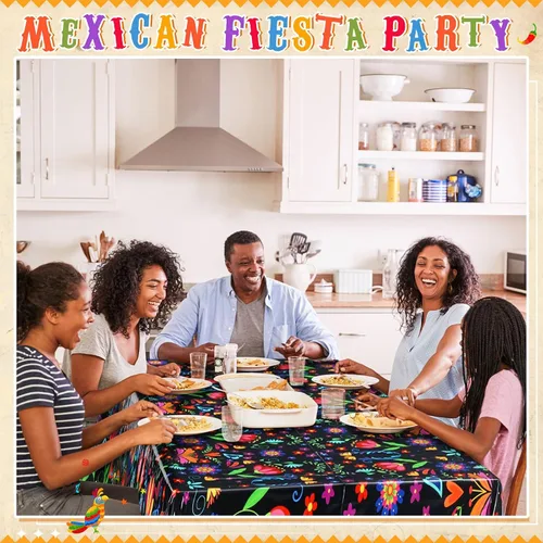 Miniatura 6 de Domensi 1 mantel mexicano de 54 x 108 pulgadas, mantel de fiesta de plástico Cielito Lindo desechable, funda de mesa con mandala y flor para taco