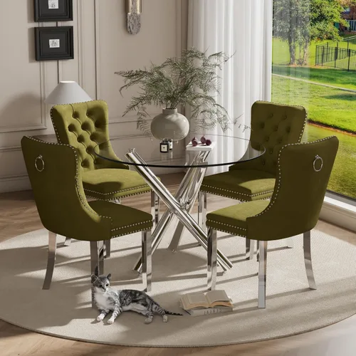 Miniatura 22 de Juego pequeño de mesa redonda con tapa de vidrio transparente para 2, 36'' Juego moderno de lujo para cenas circulares, 3 piezas Juego minimalista
