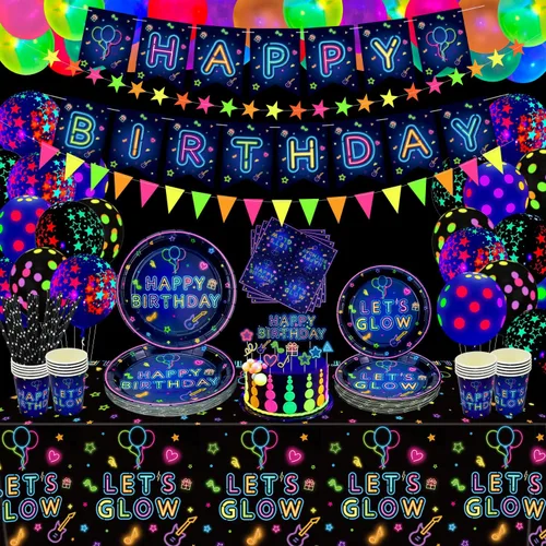Miniatura 9 de 241 piezas de suministros para fiestas de neón brillante, juego de vajilla de neón brillante, globos de neón que brillan en la oscuridad, pancarta