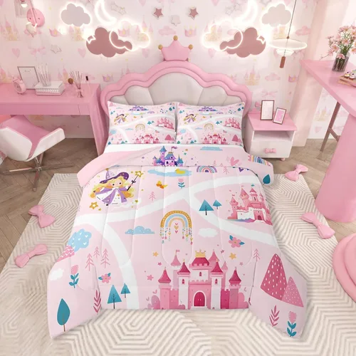 Miniatura 32 de Feelyou - Juego de funda de edredón para niños, castillo rosa, tamaño individual, lindo juego de edredón con moño, juego de cama para niños y niñas