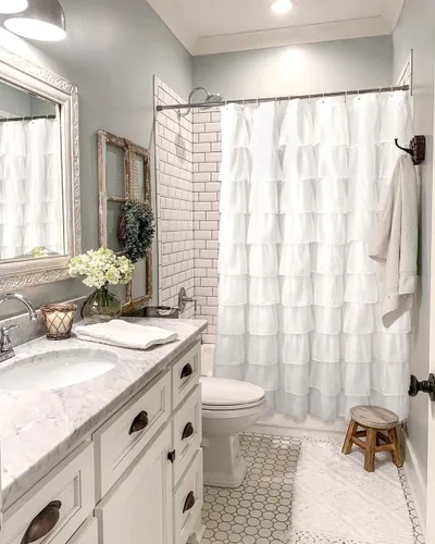 Miniatura 3 de Cortina de ducha Reisen de tela blanca con volantes, para baño, estilo granja, 72 pulgadas de largo Blanco