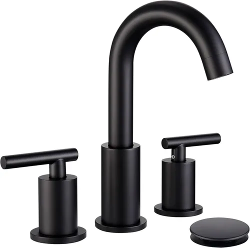 Grifo de Baño Negro con Desagüe Pop-Up y Manguera de Suministro, 8 Pulgadas 2 Manijas 3 Orificios Grifo de Baño Extendido, ChiLDano Grifo de Baño