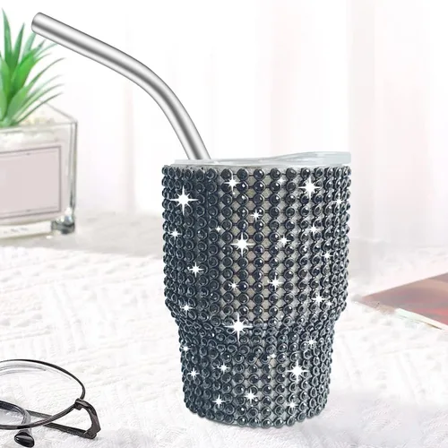 Miniatura 4 de INSTOME Vaso de chupito brillante de 3 onzas, mini tazas con tachuelas de diamantes de imitación con pajitas, brillo similar a un diamante para Negro