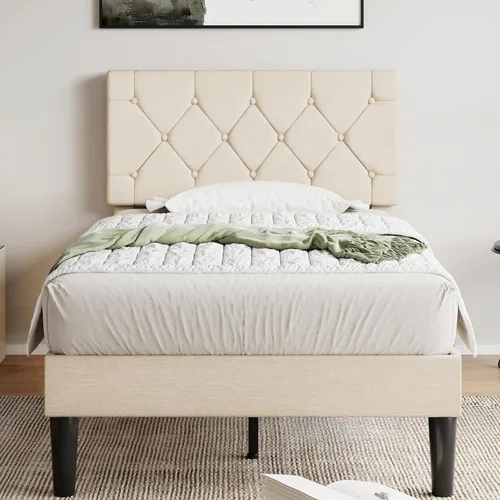 Miniatura 20 de VECELO Base de cama tamaño individual con cabecera capitoné con botones, base de cama tapizada con soporte de listones de madera, no necesita Beige