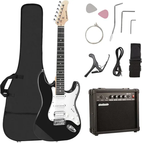 Miniatura 10 de Kit de guitarra eléctrica Soulmate para principiantes, 39" con pastillas HSS, amplificador de 15W, cejilla, correa, cuerdas, cable, púas, bolsa