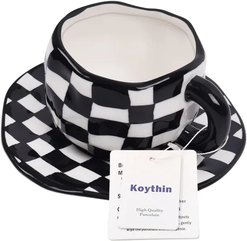 Miniatura 3 de Koythin - Taza de café de cerámica, taza de diseño a cuadros negros y blancos con platillo para oficina y hogar, apta para lavavajillas