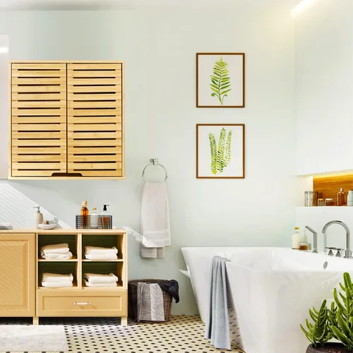 Miniatura 8 de Armario de almacenamiento de bambú montado en la pared para baño con puertas dobles, estante ajustable de 2 niveles, organizador sobre inodoro