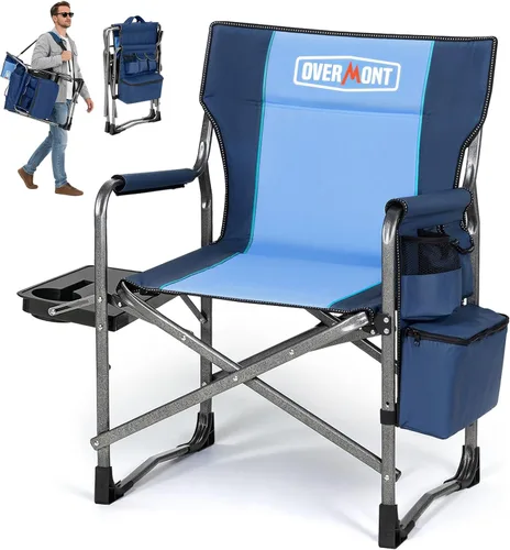 Miniatura 12 de Overmont Silla de campamento ligera de gran tamaño, portátil, cómoda, resistente, plegable, con mesa auxiliar y bolsa enfriadora para campamento