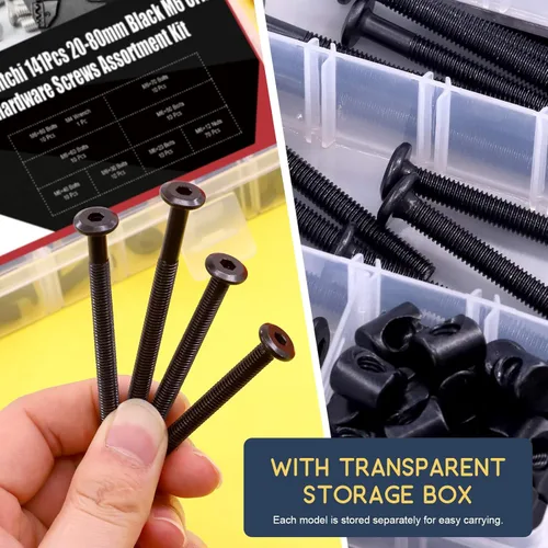 Miniatura 6 de Hilitchi M6 140 piezas de tornillos de cabeza hexagonal negra, tornillos, tuercas de barril, kit surtido de accesorios para cuna, cama de bebé