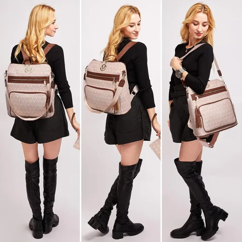 Miniatura 56 de MKP COLLECTION Mochila de moda para mujer, bolsa convertible grande para mujer, mochila de viaje, bolsa de hombro, juego de 2 piezas con borla, Beige