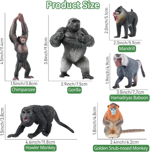 Miniatura 3 de Toymany 6 figuras de primates, juego de animales de mono de la selva de plástico, incluye mono, simio, chimpancé, gorila, juguetes para niños