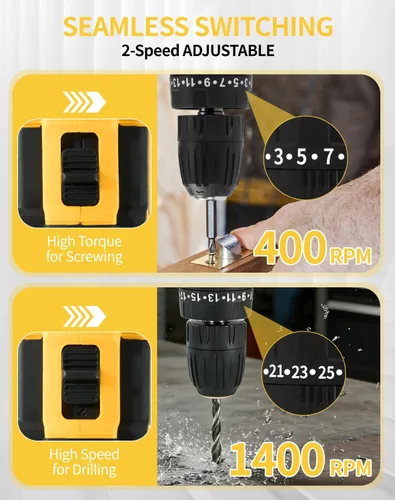 Miniatura 6 de Taladro Atornillador Inalámbrico de 48V - Torque 25+3, Motor sin Escobillas, Taladro Eléctrico de 1500RPM con 2 Baterías, Luz LED, Juego Completo
