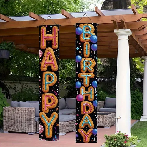 Miniatura 3 de Cartel decorativo de feliz cumpleaños de 12 x 71 pulgadas, bonito cartel colgante para puerta de cumpleaños, suministros de fiesta coloridos