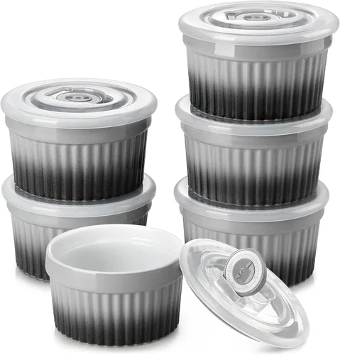 Miniatura 14 de vancasso Ramequines de 177 ml con tapa, cuencos de porcelana para soufflé de crema catalana, tazas de natillas azules para hornear, aptas