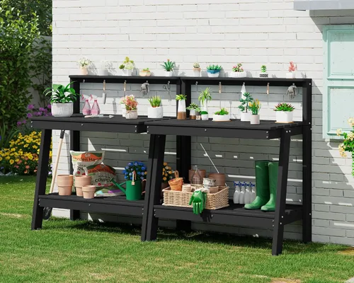Miniatura 29 de SERWALL Banco de macetas para exteriores con fregadero extraíble, mesa para macetas de polietileno de alta densidad resistente a la putrefacción