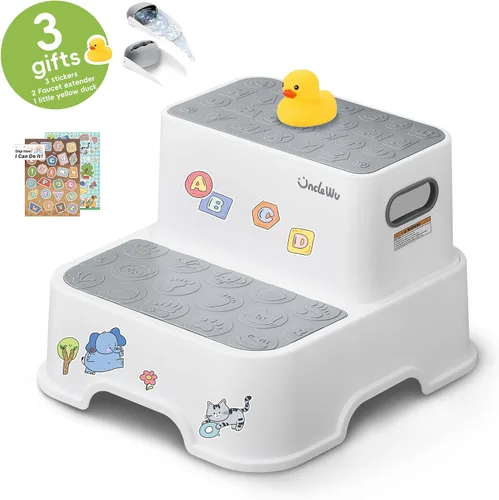Miniatura 7 de Paquete de 2 taburetes para niños, taburete antideslizante para lavabo de baño y entrenamiento para ir al baño, resistente de 200 libras, incluye