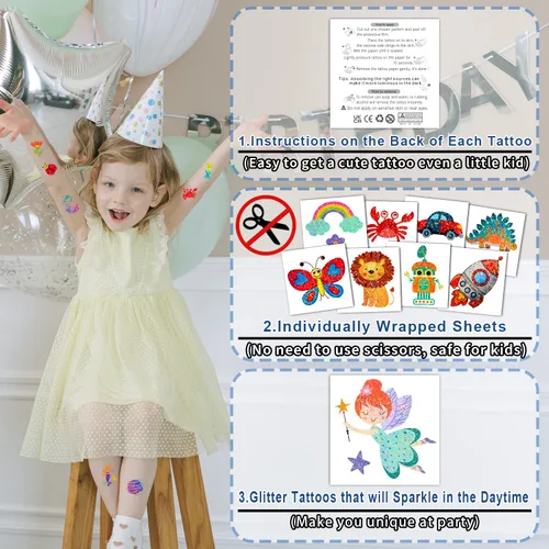 Miniatura 2 de Partywind 204 estilos de purpurina envueltas individualmente para niños, tatuajes falsos, sorpresa de cumpleaños para niños y niñas, suministros