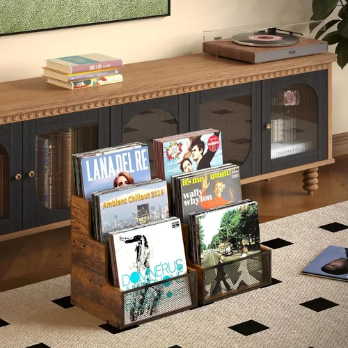Miniatura 4 de Yuzehuaza Paquete de 2 cajas de almacenamiento de discos de vinilo LP escalonadas de 3 niveles, soporte para álbumes de discos de vinilo
