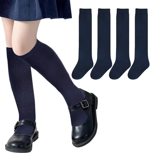Chalier 4 Pairs Girls Knee High Socks Cotton Knit Over Craft Thigh High Socks for Baby Toddler School Uniform