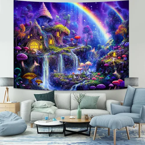 Miniatura 2 de Kanuyee Tapiz de luz negra de neón para colgar en la pared, bosque encantado, cascada, tapices para dormitorio, tapices UV, para colgar en la pared