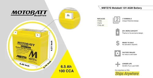 Miniatura 5 de MotoBatt Batería AGM sellada MBTZ7S de 12 voltios y 6.7 Ah sin mantenimiento