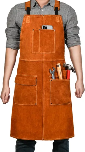 Miniatura 10 de Delantal de trabajo de soldadura de cuero, delantal con peto resistente al calor y a las llamas, delantal ignífugo resistente para barbacoa Canela