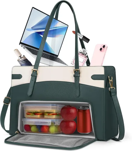 Miniatura 9 de RAINSMORE Bolsa para portátil 2 en 1 con compartimento de almuerzo aislado para mujeres, bolsa de trabajo de piel sintética de 15.6 pulgadas