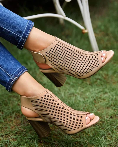 Miniatura 2 de Coutgo Botines con correa al tobillo para mujer, puntera abierta, tacón grueso y hueco, para mujer