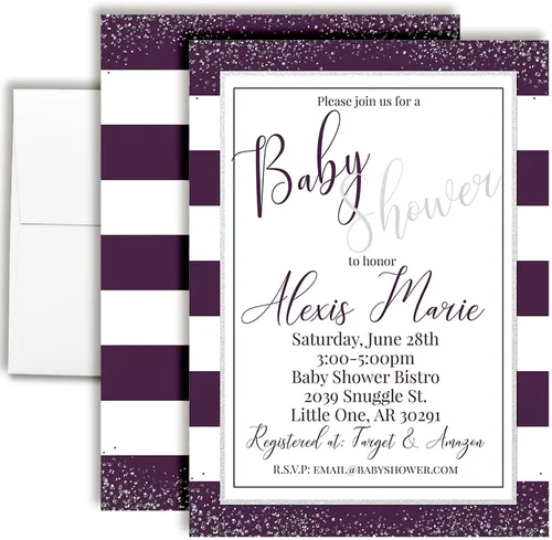 Baby Shower personalizado invita a una invitación de baby shower plateado y morado, 20 invitaciones de ducha personalizadas de 5 x 7 pulgadas