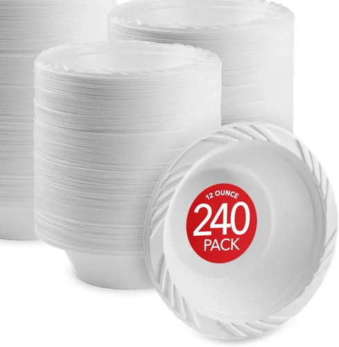 Miniatura 8 de Stock Your Home Paquete de 120 cuencos elegantes de plástico blanco de 12 onzas para fiestas, tazón pequeño desechable para cenas o cócteles, sopa