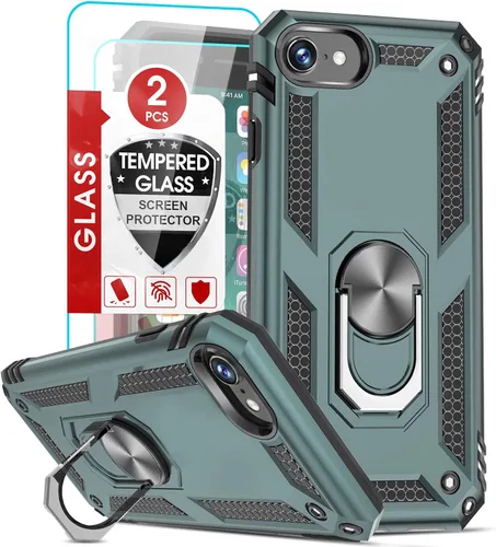 Miniatura 14 de LeYi Funda para iPhone SE con 2 protectores de pantalla de vidrio templado, funda de grado militar con soporte de anillo magnético para iPhone SE