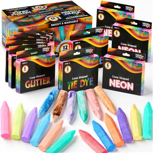 Miniatura 8 de JOYIN Juego de 36 tizas lavables para acera en 6 paquetes, 18 colores, incluyendo 12 teñido anudado, 12 purpurina y 12 tizas de color neón