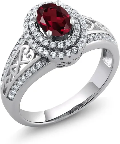 Miniatura 91 de Anillo de compromiso con halo de piedra preciosa y piedra natal en plata chapada en oro amarillo de 18 quilates, ovalado, 0.236 x 0.157 pulgadas