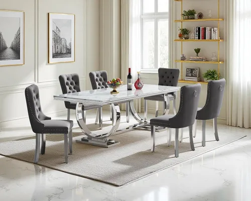 Miniatura 47 de Juego de mesa de comedor de 5 piezas para 4, mesa de cocina de mármol negro de 68 pulgadas con 4 sillas beige, mesa de comedor rectangular moderna