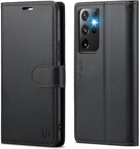 FLIPALM Funda tipo cartera para Samsung Galaxy S21 Ultra, con bloqueo RFID, soporte para tarjetas de crédito, de piel sintética, función atril, Negro