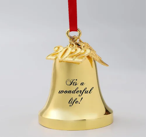 Miniatura 5 de JUPPE It's A Wonderful Life Adorno de campana de Navidad, adorno de campana dorada grabada con ala de ángel y dije 2025 (dorado)