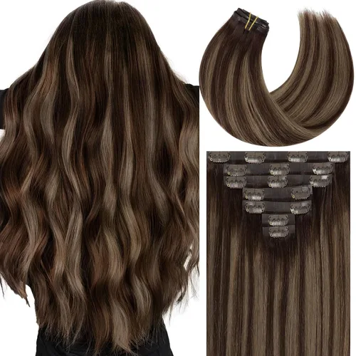 Miniatura 44 de Caliee Extensiones de cabello con pinzas de cabello humano 14 pulgadas Color 1 Negro azabache trama doble invisibles Extensiones de cabello humano