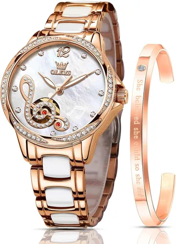 Miniatura 8 de OLEVS Relojes para mujer, de cuerda automática, oro rosa, diamante, reloj de pulsera mecánico automático, acero inoxidable, dos tonos, pulsera
