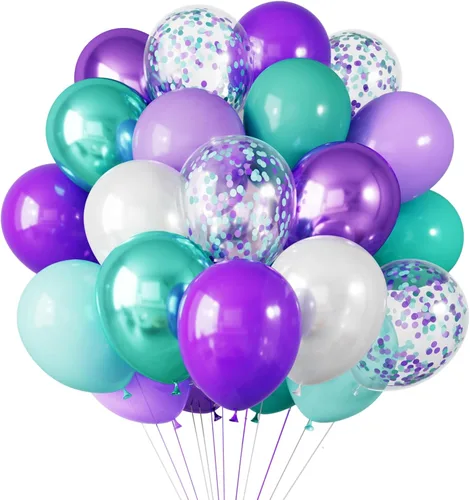 RUBFAC Juego de 65 globos de guirnalda de sirena, globos metálicos de 12 pulgadas de color morado y verde, globos de confeti de látex morado, azul