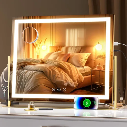 Miniatura 19 de Hasipu Espejo de tocador con luces, espejo de maquillaje LED de 24.2 x 19.7 pulgadas, espejo iluminado con aumento de 10 veces y USB, soporte